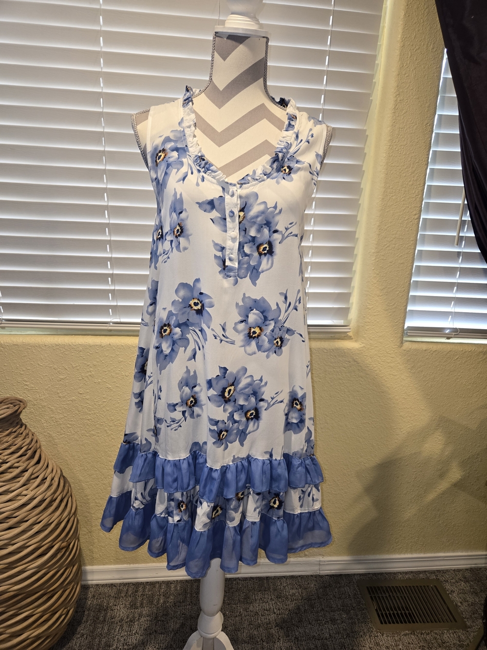 Papillon Blanc White Dress with Blue Floral Print and Ruffle Hem